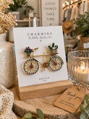 Vintage-Inspired Bicycle Brooch | Gold Tone Rhinestone Floral Pin